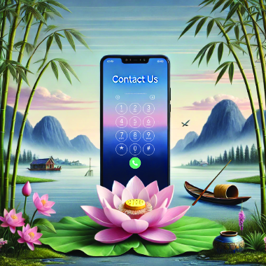 A drawing reminiscent of a Vietnamese landscape of mountains with a river or lake in front, and a big cell phone tucked behind a beautiful lotus flower taking up the center of the image.