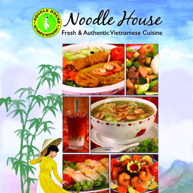 A pamphlet-like picture based on the , with a landscape drawing of mountains in the back, and then below the Noodle House Logo, a picture of the Noodle House menu in the lower center of the image