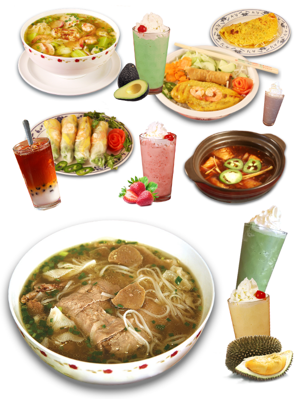 Pho, Yellow noodle Soup, Vermicelli with barbecue meat, clay pot street food, frapes, fruit shakes, thai tea, and more