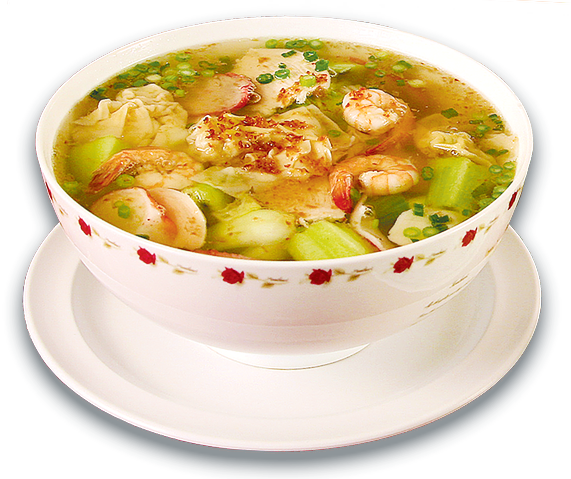 A bowl of Mi Sup or Yellow Noodle Soup from Noodle House in Sacramento, authentically cooked with shrimp, dumplings, egg noodles and vegetables such as baby bok choy for a delicious flavor.