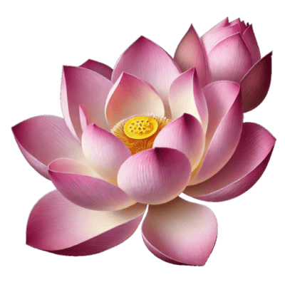 A semi-realistic image of a pinky-magenta lotus flower with a yellow center, with a transparent background